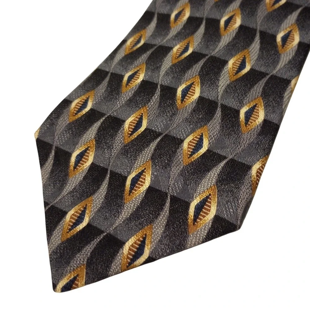 Louis Roth Mens Silk Tie Grey Blue Gold Geometric Diamond Pattern Woven‎ Classic
